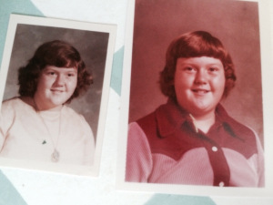 On the left, my 5th grade school photo wearing one of my polyester specials. On the right, my 4th grade photo, in a "store-bought" pantsuit! It was polyester, but at least it wasn't a dress! 